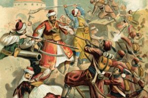 Steel engraving of the siege of Messolonghi that started  on 15 April 1825. Very few people survived the attack